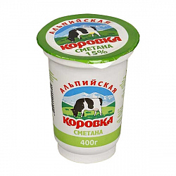 Сметанный продукт Альпийская коровка Экомилк 15% 400 гр стакан